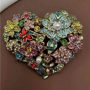 Large Floral Heart Brooch with Multicolor Crystals